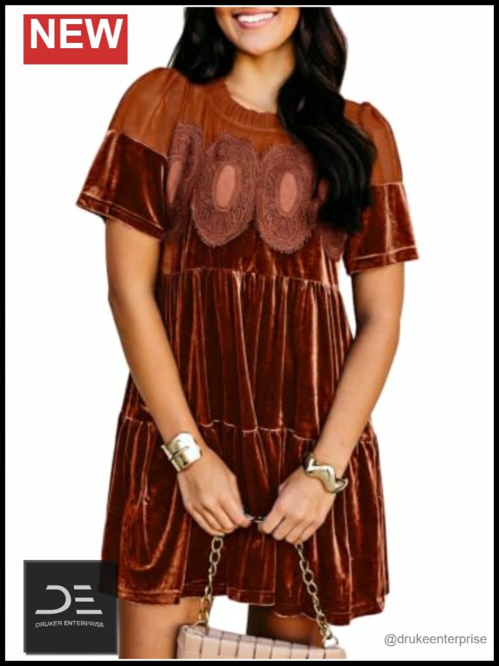 Velvet Lace Babydoll Mini Dress Scallop Neck Short Sleeve Party